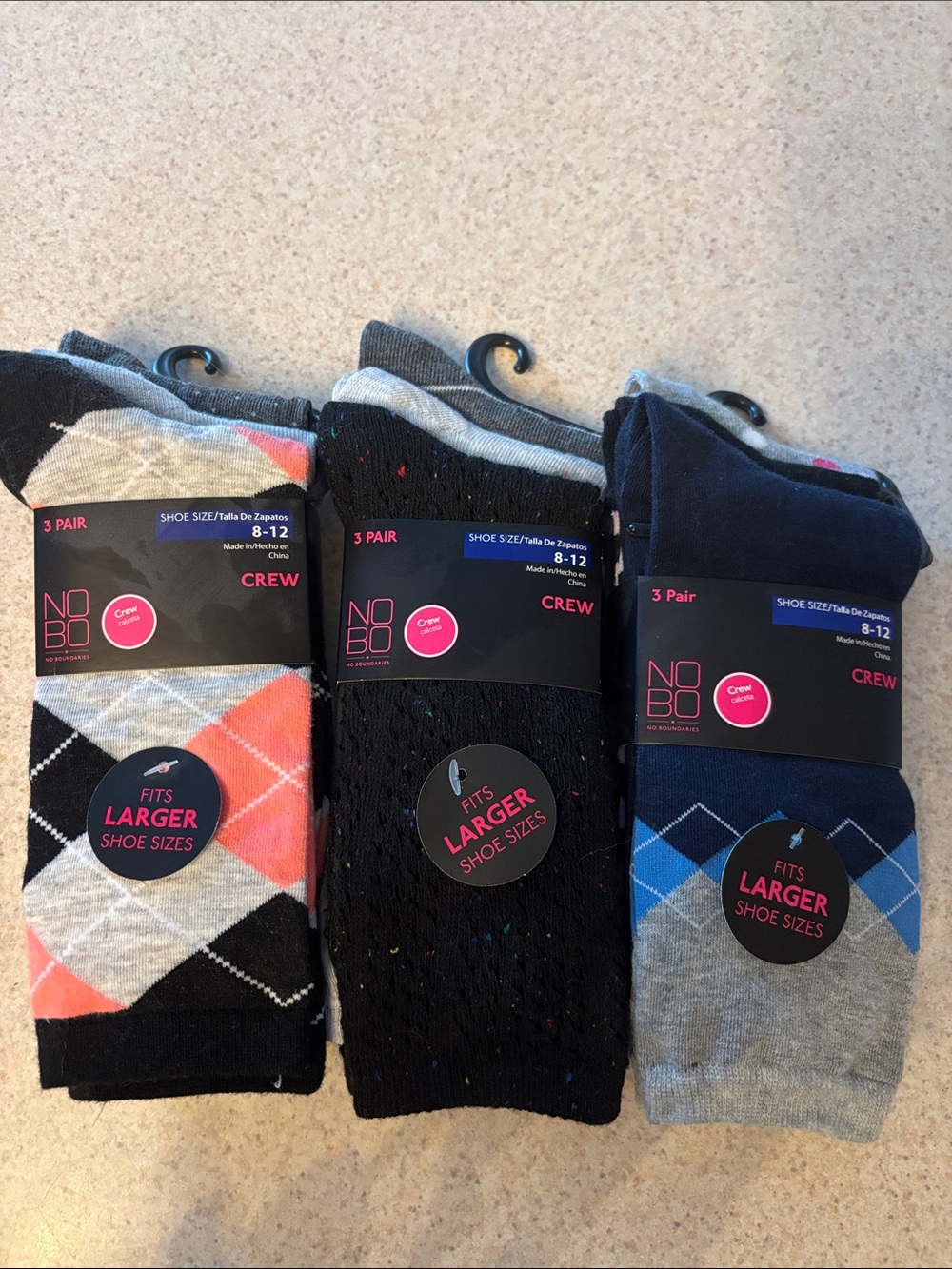 NOBO womens Crew Socks 3-Pack - Black, Gray, Navy. Size 8-12